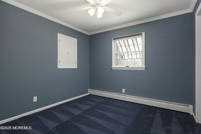 unfurnished room with baseboards, a baseboard radiator, ceiling fan, ornamental molding, and dark carpet