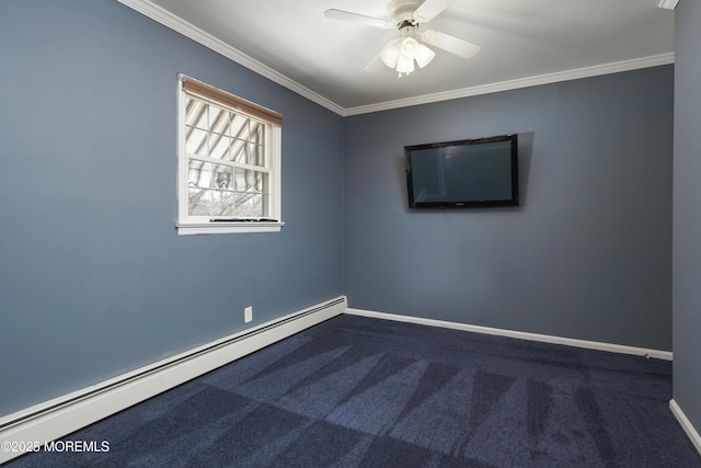 carpeted empty room with crown molding, baseboards, a baseboard heating unit, and a ceiling fan