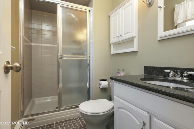 full bath featuring vanity, toilet, and a shower stall