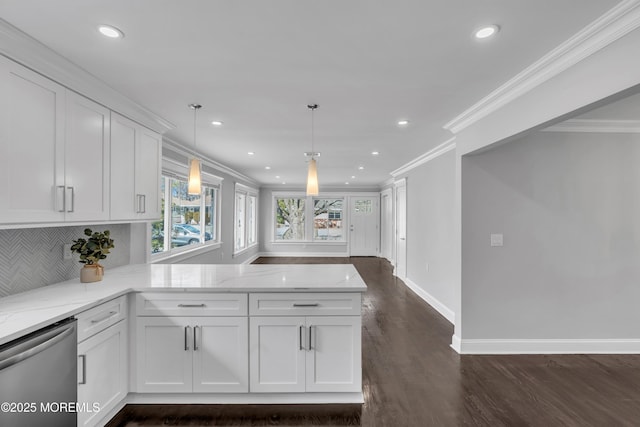 kitchen with light stone counters, white cabinetry, a peninsula, crown molding, and dishwasher