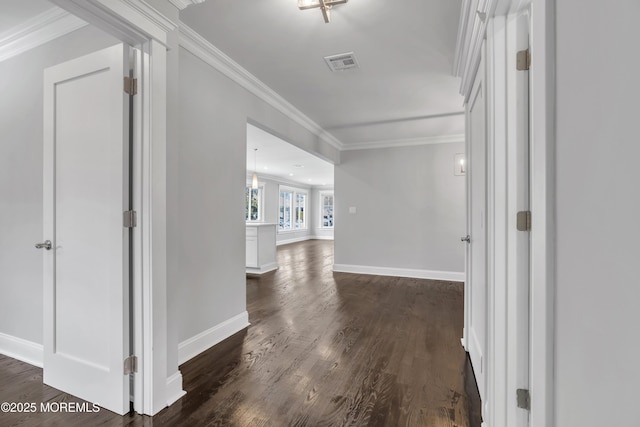 corridor featuring visible vents, baseboards, dark wood-style floors, and ornamental molding