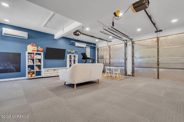 garage featuring a garage door opener and a wall mounted AC