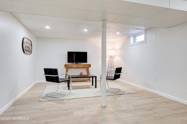 office with a drop ceiling, recessed lighting, baseboards, and wood finished floors