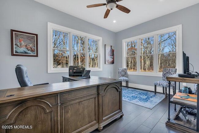 office with recessed lighting, baseboards, a ceiling fan, and dark wood-style flooring