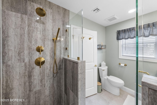 full bath featuring tile patterned floors, visible vents, a walk in shower, and toilet