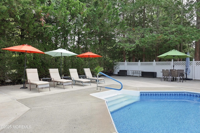 view of pool featuring a fenced in pool, a patio, and fence