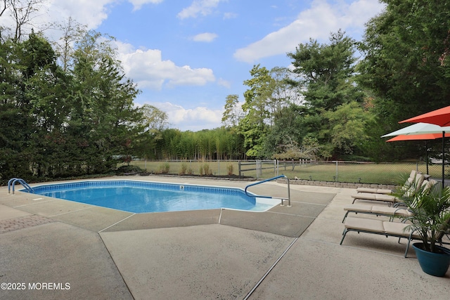 view of swimming pool featuring a patio area, a fenced in pool, and fence