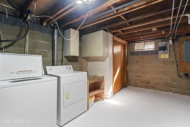 below grade area with electric panel and washer and dryer