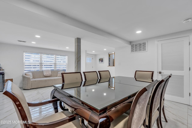 dining area featuring recessed lighting, visible vents, and marble finish floor