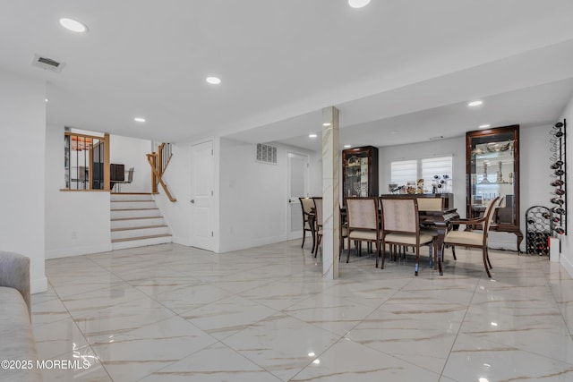 dining space featuring stairs, recessed lighting, baseboards, and visible vents