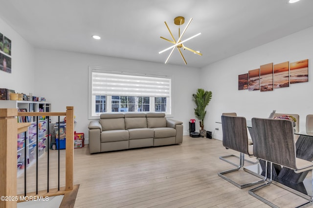 office area featuring a chandelier, recessed lighting, and hardwood / wood-style floors