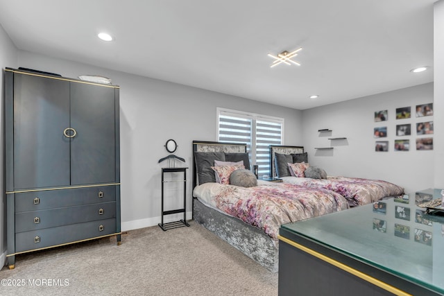 bedroom featuring recessed lighting, baseboards, and carpet floors