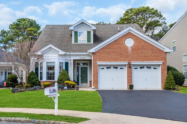 view of front of property featuring brick siding, a shingled roof, a front lawn, aphalt driveway, and an attached garage