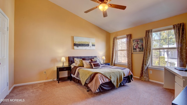 bedroom with baseboards, multiple windows, carpet flooring, and vaulted ceiling