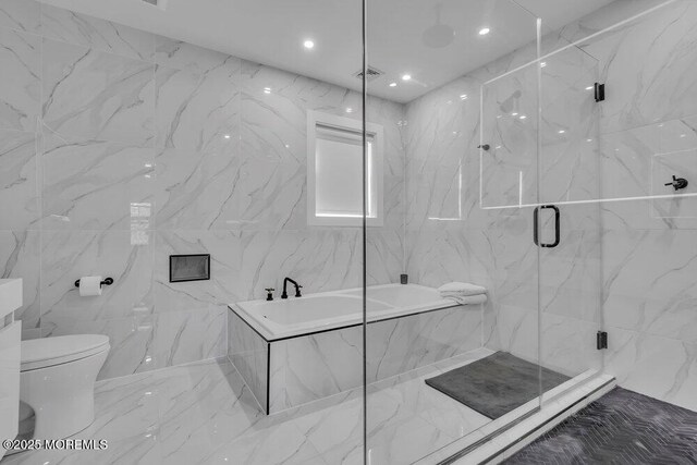 1158 Idalia Ave, Lakewood, NJ 08701 - full bathroom with toilet, marble finish floor, recessed lighting, a marble finish shower, and a bathtub
