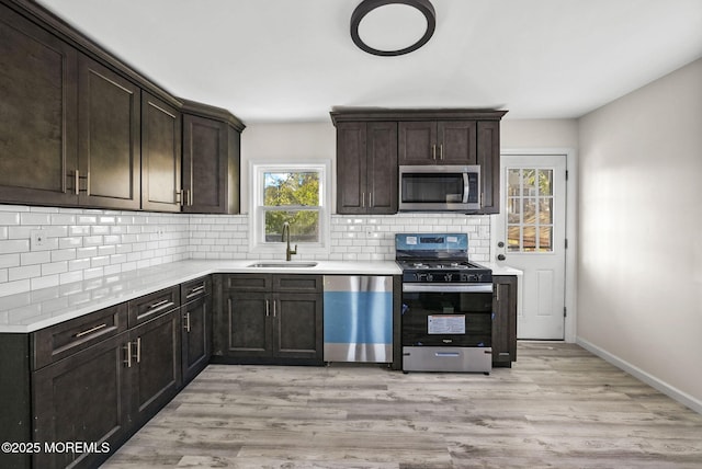 kitchen featuring a sink, stainless steel appliances, light wood-type flooring, and backsplash