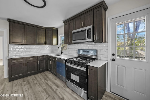 kitchen featuring light wood-type flooring, a sink, tasteful backsplash, stainless steel appliances, and dark brown cabinetry