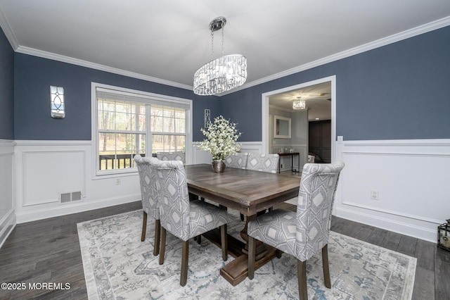 dining space featuring visible vents, dark wood-style floors, wainscoting, and ornamental molding