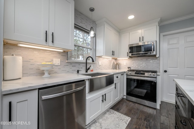 kitchen with light stone countertops, dark wood-style flooring, a sink, stainless steel appliances, and white cabinets