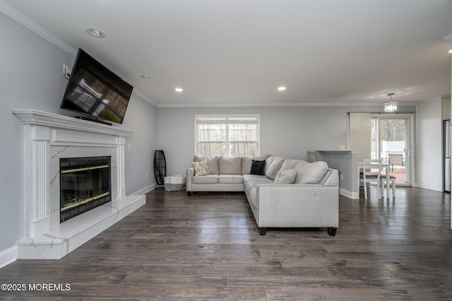 living area with dark wood-style floors, a healthy amount of sunlight, and a high end fireplace