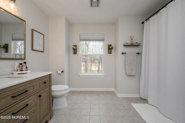 full bath featuring visible vents, baseboards, toilet, and tile patterned flooring