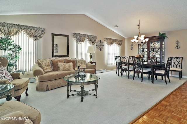 carpeted living room with baseboards, a baseboard radiator, vaulted ceiling, a baseboard heating unit, and a chandelier