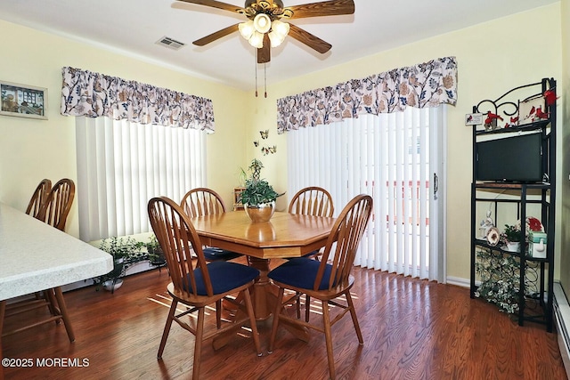 dining area with ceiling fan, visible vents, and dark wood-style floors