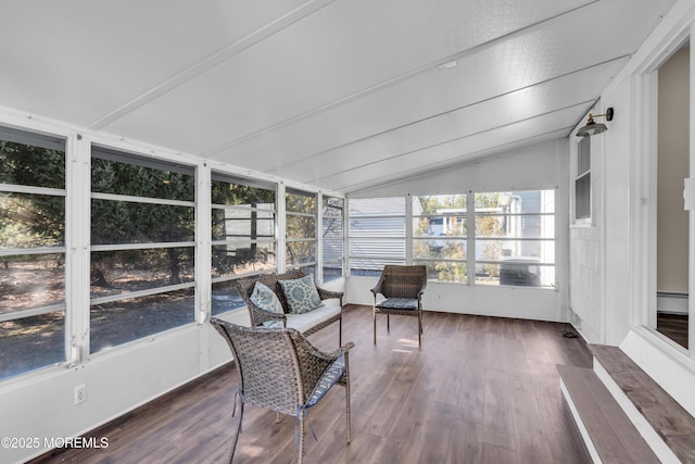 sunroom / solarium with a baseboard heating unit and lofted ceiling