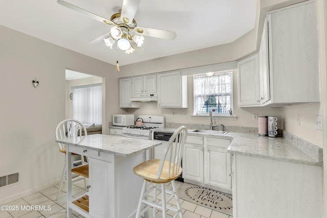 kitchen with visible vents, a kitchen bar, a sink, under cabinet range hood, and white appliances