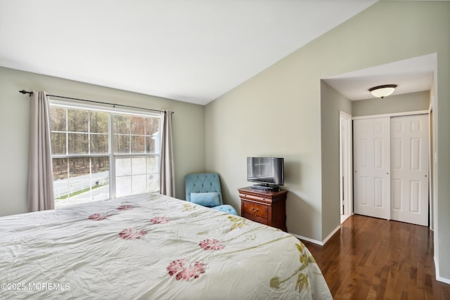 bedroom featuring vaulted ceiling, a closet, baseboards, and dark wood-style flooring