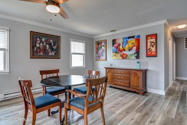 dining area with visible vents, light wood-style floors, crown molding, baseboards, and attic access