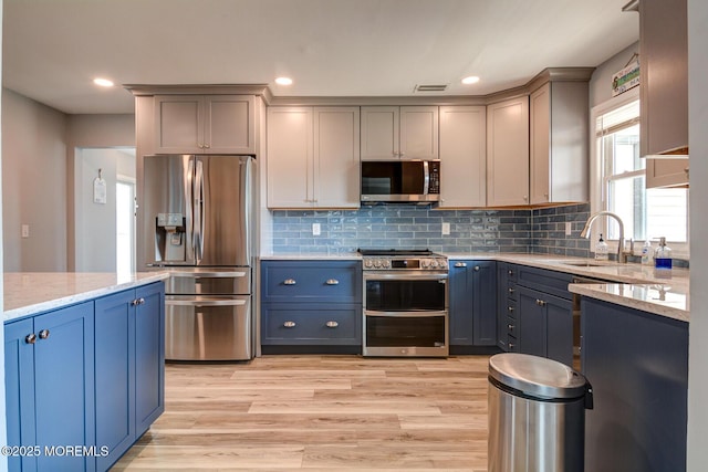 kitchen with light wood finished floors, decorative backsplash, stainless steel appliances, and light stone counters