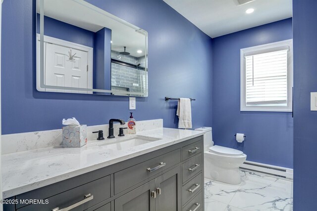 full bath with a baseboard heating unit, toilet, marble finish floor, vanity, and a shower