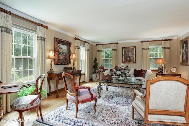 living area featuring crown molding and wood finished floors