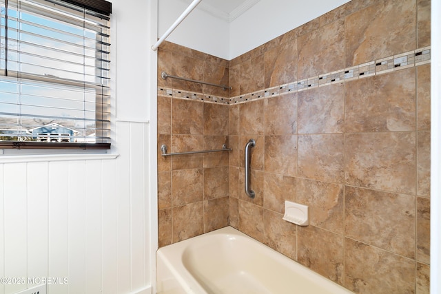 full bath featuring tub / shower combination and ornamental molding