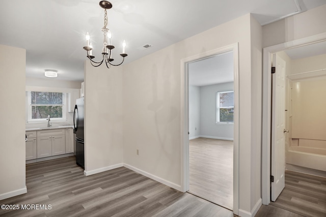 unfurnished dining area with a sink, visible vents, baseboards, and wood finished floors