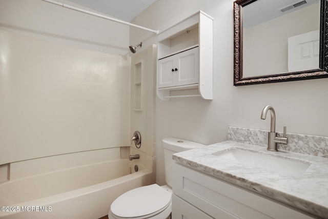 full bath with visible vents, toilet, shower / bath combination, and vanity