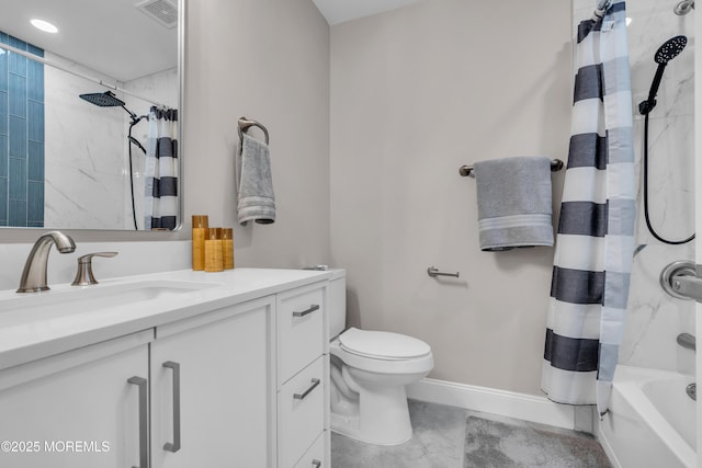 bathroom featuring visible vents, toilet, shower / bath combo, baseboards, and vanity