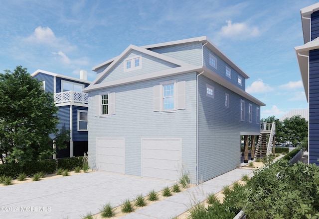 view of home's exterior with stairway, an attached garage, and driveway