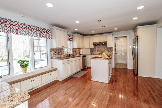 kitchen featuring under cabinet range hood, stainless steel appliances, light wood-type flooring, and backsplash