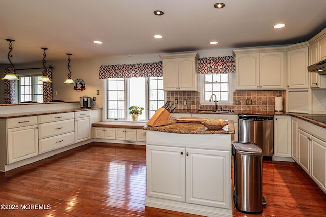 kitchen featuring stainless steel dishwasher, dark wood-style floors, backsplash, and a sink