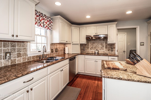 kitchen with dark stone countertops, a sink, under cabinet range hood, stainless steel dishwasher, and black electric cooktop