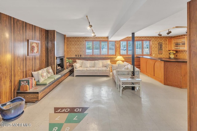 living area with plenty of natural light, a glass covered fireplace, track lighting, and wood walls