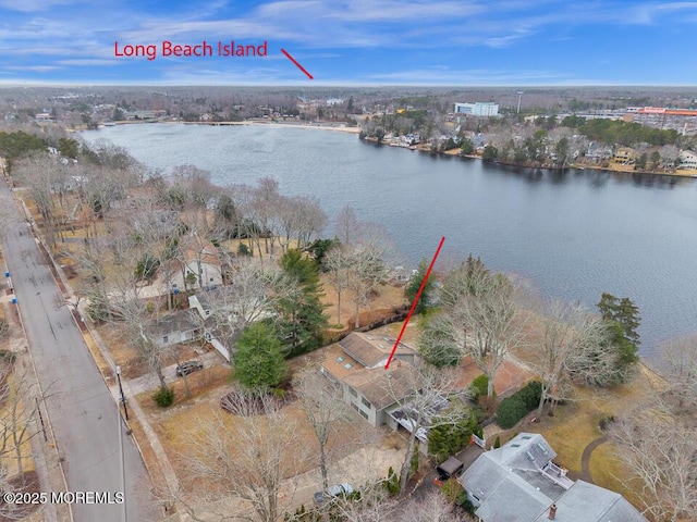 birds eye view of property with a water view