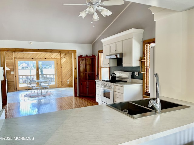 kitchen featuring gas range gas stove, light wood-type flooring, under cabinet range hood, and a sink