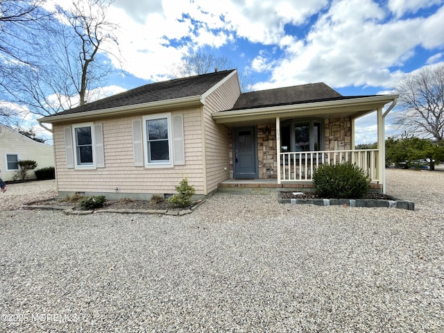 single story home featuring crawl space and covered porch