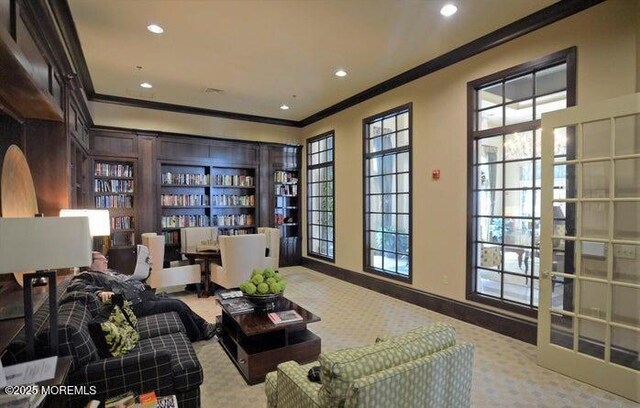 interior space featuring recessed lighting, baseboards, carpet, and ornamental molding