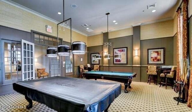 recreation room featuring visible vents, carpet floors, ornamental molding, french doors, and billiards