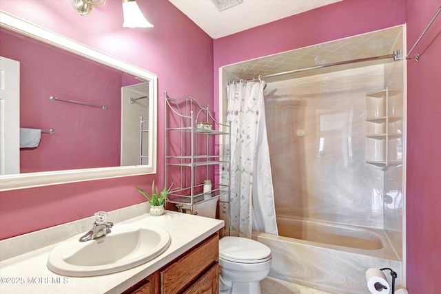 bathroom with visible vents, toilet, vanity, and shower / bathtub combination with curtain