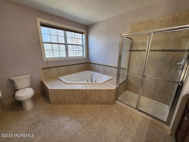 bathroom with toilet, a bath, a stall shower, and tile patterned flooring